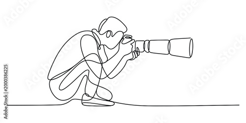 Continuous line drawing of a photographer holding a camera