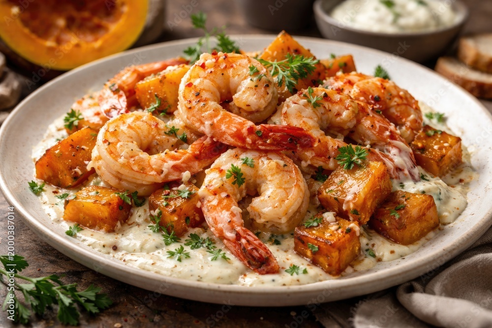 Fototapeta premium Delicious Shrimp and Pumpkin Dish Paired with Cream Cheese Sauce