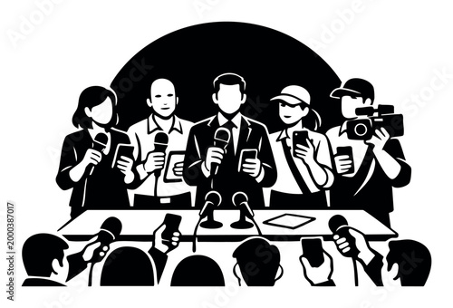 Group of people listening to a speaker, attending a press conference, communicating news to the public, and reporting on information