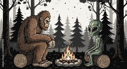 Bigfoot and Alien Camping by Campfire in Forest Illustration