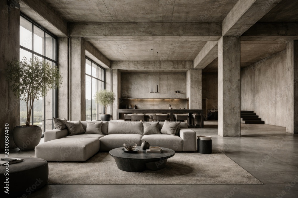 Fototapeta premium Open loft area with visible concrete walls and a smooth textured background