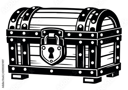 Locked wooden treasure chest drawing with metal straps and studs. Symbolizing wealth, mystery, and hidden riches waiting to be found
