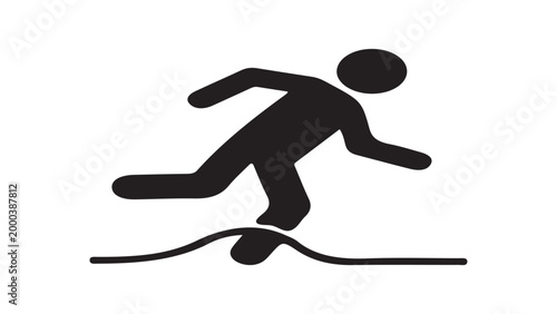 Trip hazard warning icon, person stumbling over uneven surface or wire, workplace safety sign, black silhouette isolated on white background.