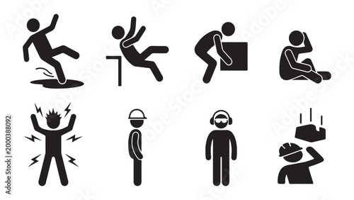 Safety Hazard Icons: Slip, Fall, Heavy Lifting, Electric Shock, and Protective Equipment.