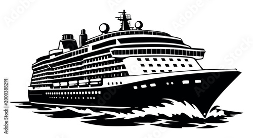 Cruise ship sailing across the ocean, creating waves. Icon representing vacation, travel, tourism, and holiday expeditions