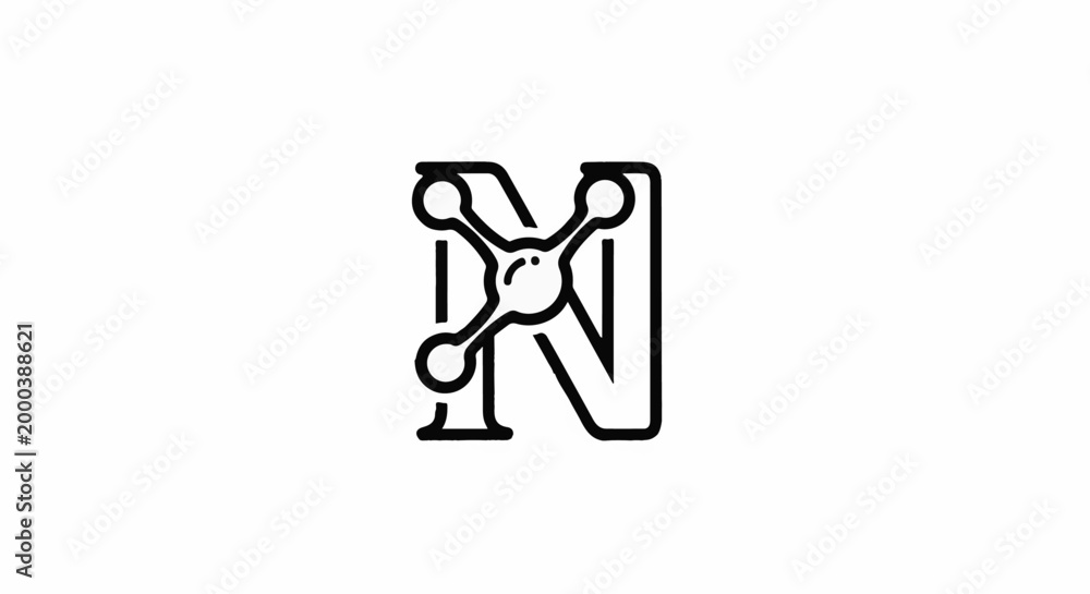 Fototapeta premium Abstract black line art of letter N with connecting spheres
