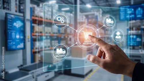 Smart ecommerce order fulfillment management system with touchscreen interface tracking order received processing shipping delivery and customer service stages in warehouse environment