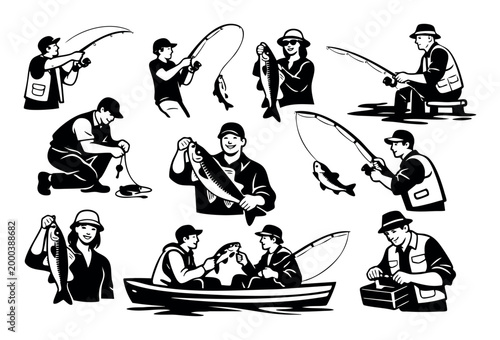 Anglers engaging in recreational fishing activities, casting lines, reeling in fish, and enjoying their catch and hobby