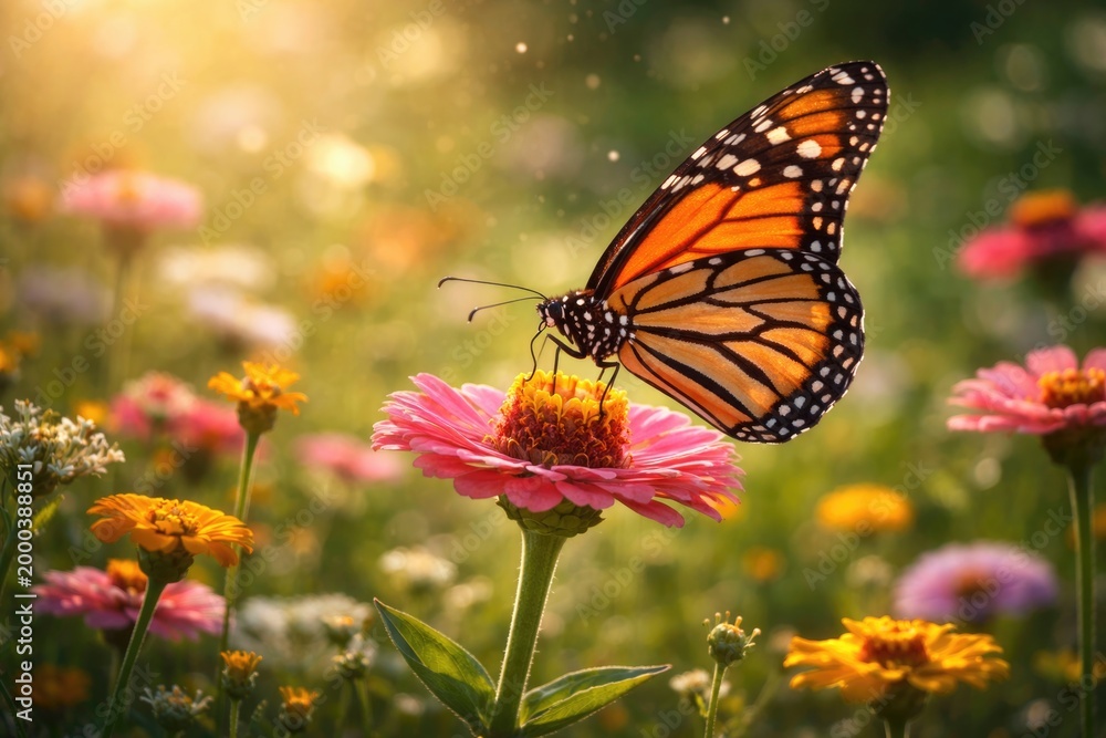Fototapeta premium Bright butterfly collecting nectar from lovely flower in meadow