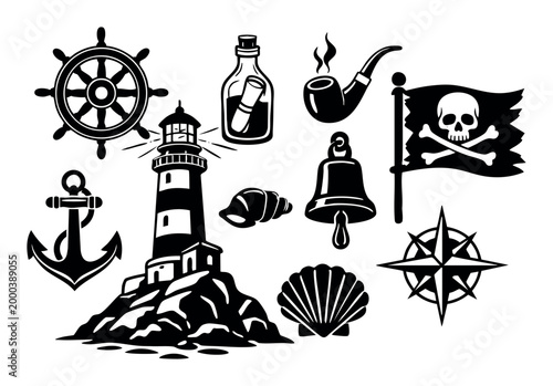 Vector set compiling various marine and pirate-themed symbols, including a smoking pipe, message in a bottle, and ship bell