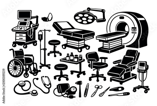 Collection of medical equipment, instruments, and furniture in black and white icons for hospital, clinic, and healthcare concepts