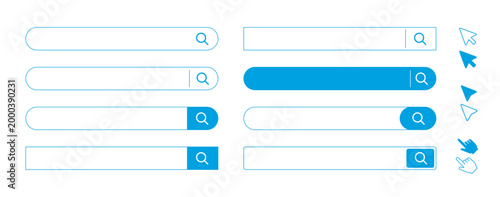 検索バーUIセット（青ラインデザイン・虫眼鏡アイコンWeb検索フォーム素材）