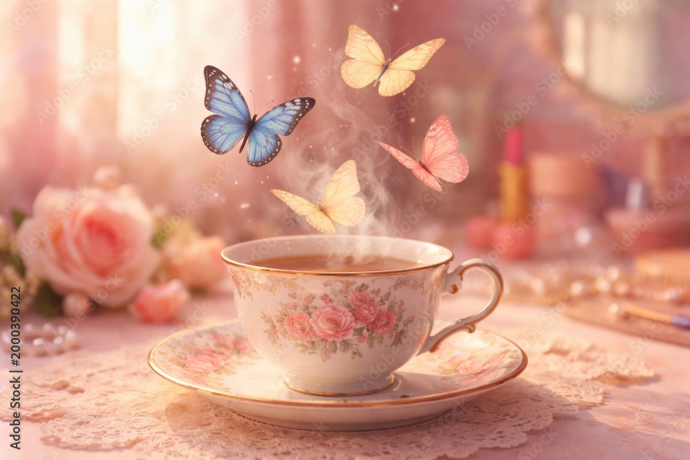 Fototapeta premium Delicate butterflies hovering above a vintage tea cup in a nostalgic 80s and 90s pastel pink setting