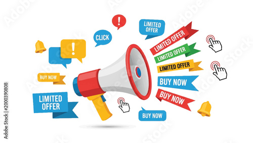 Megaphone with colorful promotional banners.