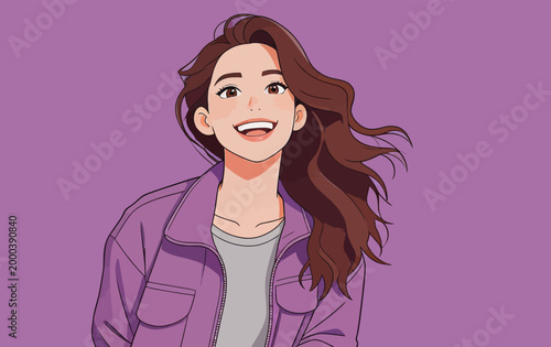 Cheerful young woman with wavy brown hair smiling happily