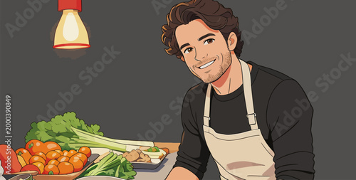Smiling Male Chef Preparing Fresh Home-cooked Meal