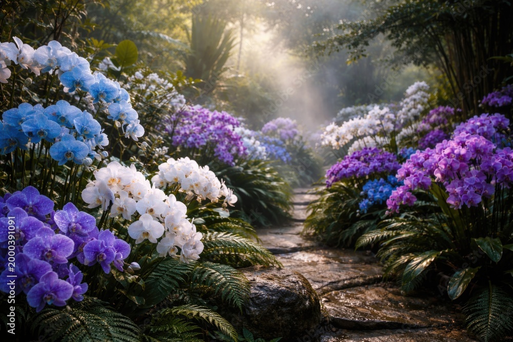 Obraz premium Lush garden with thriving orchids in blue, white, and purple hues