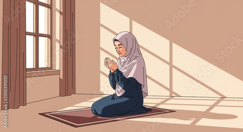 Vector illustration of a Muslim woman wearing a light pink hijab and navy dress kneeling on a prayer rug, hands raised in supplication with window light and shadows on the wall.