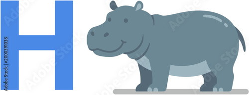 An illustrated letter H with a friendly cartoon hippopotamus, perfect for educational materials and children's alphabet learning