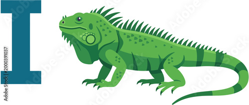 Iguana illustration for alphabet learning and children's educational content, featuring the letter 'I'