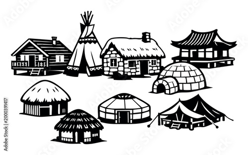 Traditional dwellings from around the world showing homes, houses, and shelters representing different cultures and architectural heritages