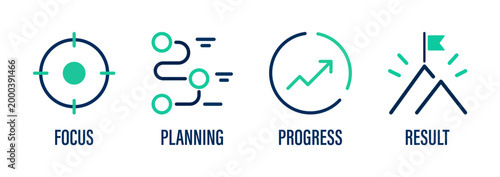 Business Process Workflow Icons Set Focus Planning Progress Result Line And Flat Vector Illustration