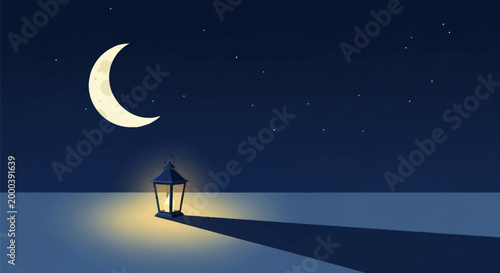 Flat vector illustration of a dark night landscape featuring a glowing metal lantern casting a long shadow, a large yellow crescent moon, and stars in a deep blue sky.