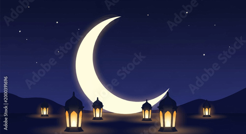 Vector illustration featuring a large glowing crescent moon in a starry dark blue night sky over a desert landscape silhouette with multiple lit traditional Arabic lanterns.