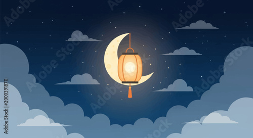 Vector illustration of a glowing yellow crescent moon in a dark blue night sky with a traditional orange paper lantern hanging from its tip, surrounded by stylized clouds and stars.
