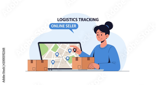 Vector illustration of a female online seller tracking package shipments on a laptop map with location pins, featuring cardboard delivery boxes for e-commerce logistics management.