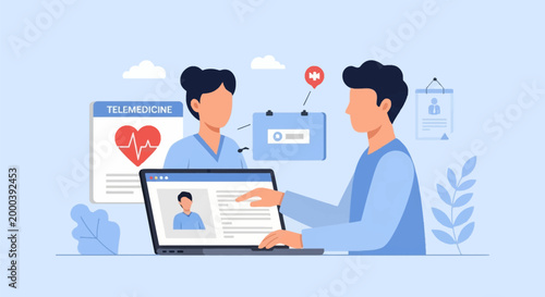 Flat vector illustration of a patient using a laptop for a telemedicine consultation with a medical professional, featuring digital health records and a heart rate monitor icon.