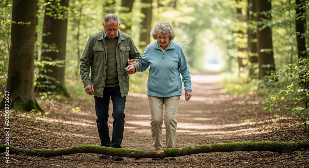 Fototapeta premium lderly people practicing walking in forest exercise outdoors, senior fitness concept, healthy aging routine, mobility training, forest trail activity, lifestyle moment