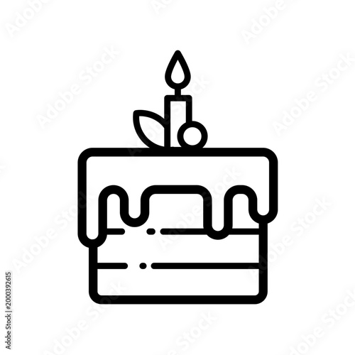 Birthday cake with candle and frosting, line vector icon