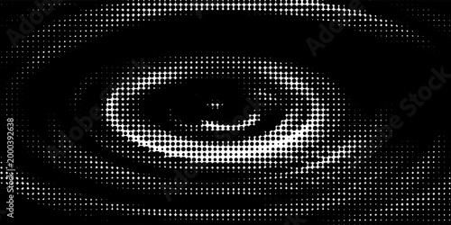 Black radial halftone circles. Dotted sound wave rings. Stippled epicenter, target, radar icon concept. Ripple concentric signal vibration element. Vector round dashed and dotted