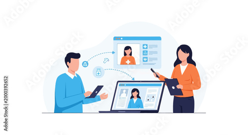 Vector illustration of a patient using a tablet to connect with healthcare specialists via laptop interfaces, showcasing electronic health records and remote medical consultations.