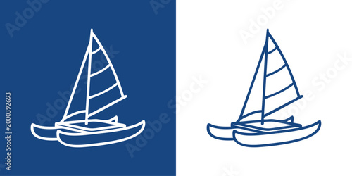 Logo nautical. Vacaciones de verano. Dibujo minimalista con líneas de un barco de vela tipo catamarán