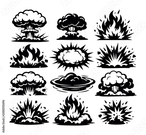 Set of impactful explosion illustrations. Concepts of power, destruction, and energy transfer in a graphic style