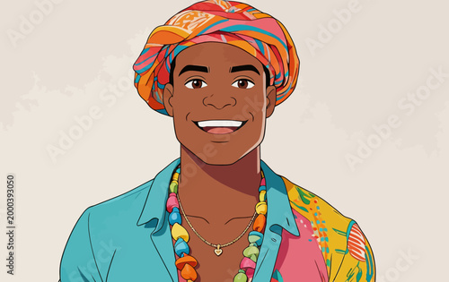 Smiling Black Man in Colorful Folk Style Outfit