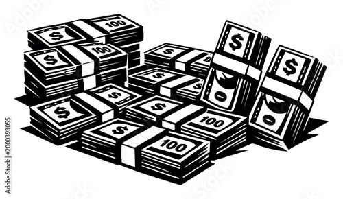 Large arrangement of banded dollar bills and stacks of 100-dollar banknotes symbolizing money, finance, economy, and earnings