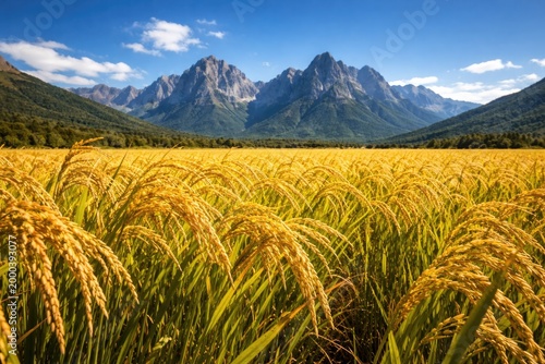 Lush golden rice crops sway...