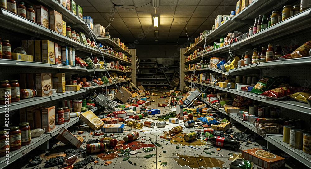 Fototapeta premium Earthquake damaged supermarket aisle with fallen products and broken shelves.generative AI
