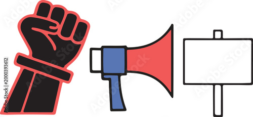 Protest Activism Icon Set with Raised Fist Megaphone and Blank Sign Vector Illustration