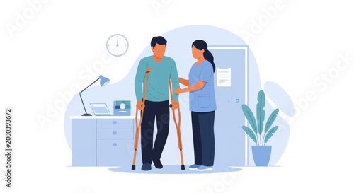 Vector illustration of a female healthcare professional assisting a male patient walking with crutches in a medical clinic office with desk, laptop, and clock.