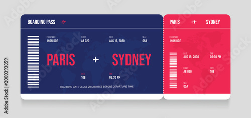 Air plane ticket template. Realistic airline ticket design with passenger name. Plane ticket vector template or airline boarding pass ticket isolated. Airline flight pass concept.