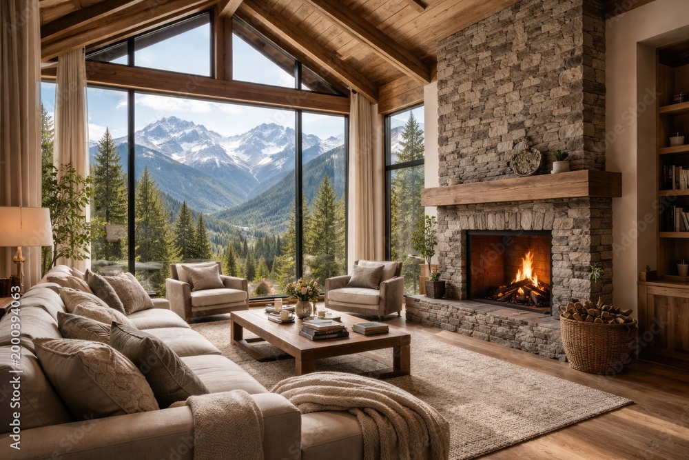 Fototapeta premium bright living area including a stone fireplace and full height windows revealing mountain landscape