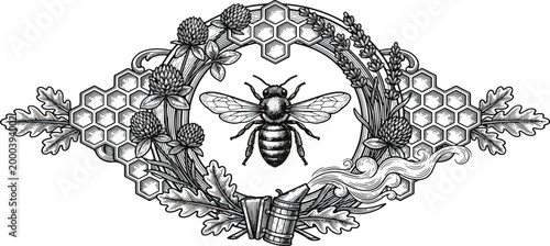 Beehive on branch engraving