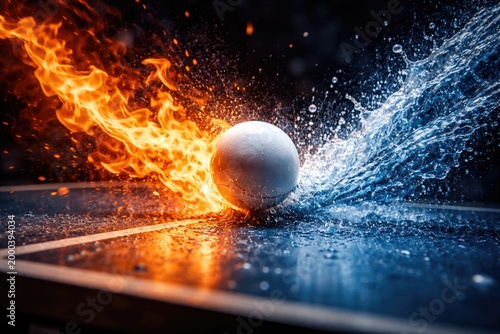 Energetic ping pong ball scene featuring the clash of flames and cascading water