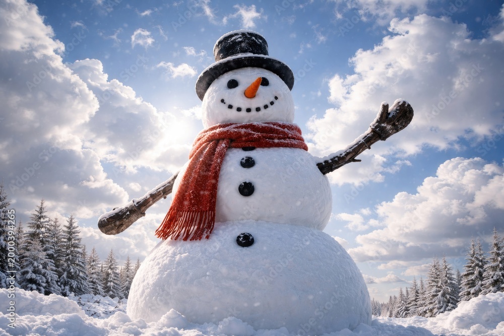 Obraz premium Huge snowman standing proudly beneath a sky filled with fluffy clouds