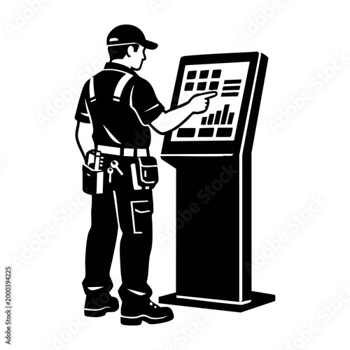 Experienced factory worker or mechanic using a touchscreen interface to oversee industrial operations and maintain facilities