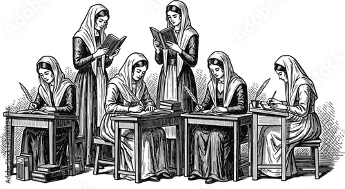 Medieval nuns in scriptorium a scene of scholarly devotion and religious life